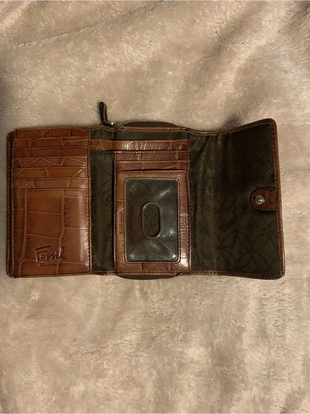Brown Textured Leather Zip Wallet by Fossil